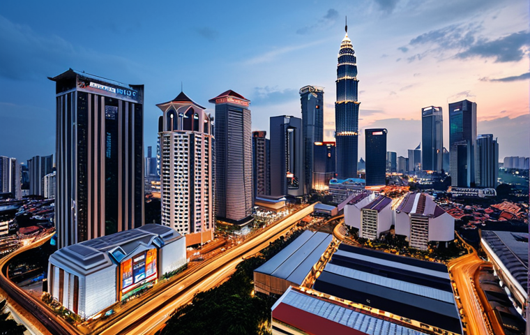 **Prompt:** A dynamic, modern Malaysian city skyline at dusk, featuring a mix of sleek commercial skyscrapers, some with subtle 'For Rent' banners indicating market shifts, alongside new construction projects. Emphasize the vibrant and ever-changing urban landscape, subtly reflecting the transformation in commercial property. Include hints of retail spaces at ground level and distant industrial zones, signifying the diverse real estate market. The scene should convey a sense of ongoing evolution and growth.