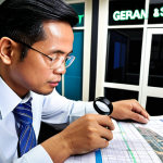 A professional Malaysian investor, in smart business attire, diligently examining complex blueprints and stacks of documents for a commercial property. A magnifying glass highlights a 'Geran Tanah' (land title) document with Malay script. The background features a modern Malaysian shop lot or office building, implying thorough due diligence. The overall atmosphere conveys meticulousness and the critical importance of legal and physical checks in commercial real estate.
