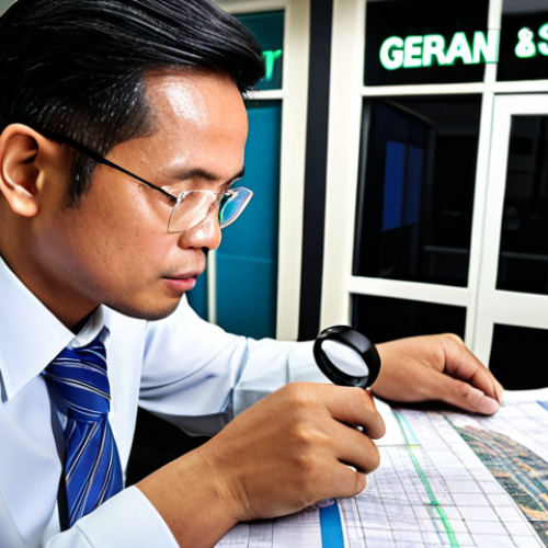 A professional Malaysian investor, in smart business attire, diligently examining complex blueprints and stacks of documents for a commercial property. A magnifying glass highlights a 'Geran Tanah' (land title) document with Malay script. The background features a modern Malaysian shop lot or office building, implying thorough due diligence. The overall atmosphere conveys meticulousness and the critical importance of legal and physical checks in commercial real estate.