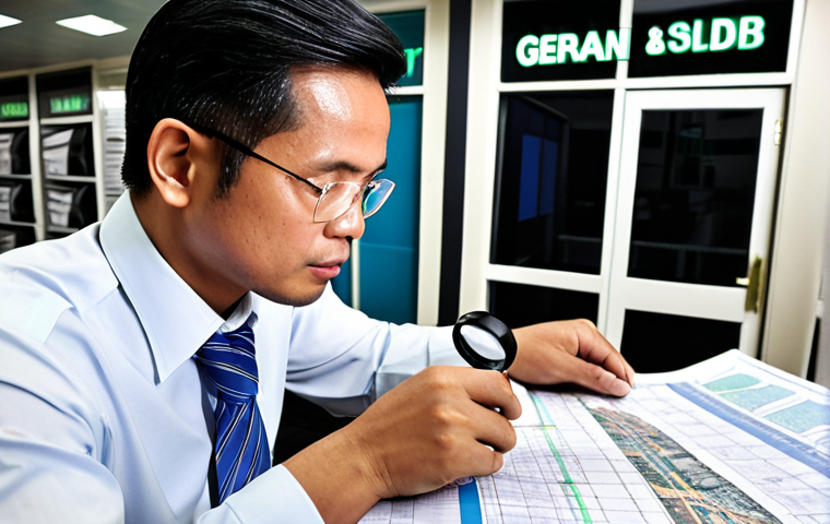 A professional Malaysian investor, in smart business attire, diligently examining complex blueprints and stacks of documents for a commercial property. A magnifying glass highlights a 'Geran Tanah' (land title) document with Malay script. The background features a modern Malaysian shop lot or office building, implying thorough due diligence. The overall atmosphere conveys meticulousness and the critical importance of legal and physical checks in commercial real estate.